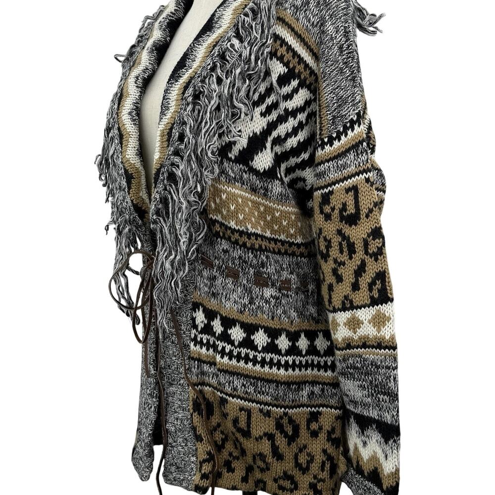 Vintage 80s Together Cardigan Sweater Medium Leopard Print Fringe Chunky Knit - Picture 3 of 13